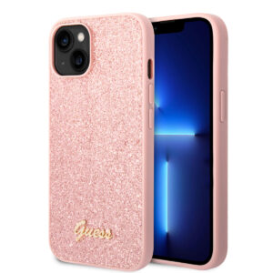 Guess Glitter Flakes Case with Ikonik Patch and Vintage Script Logo Θήκη προστασίας από σιλικόνη – iPhone 14 Plus  (Glitter Pink) - GUHCP14MHGGSHP